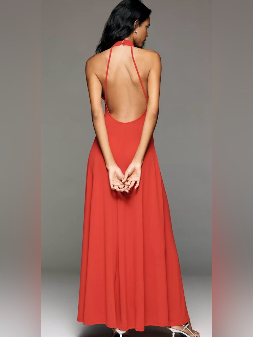 By Anthropologie Halter Open Back A-Line Maxi Dress Haute Red Formal Evening NWT - Picture 2 of 12